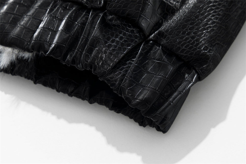 Chaqueta bomber de hombre con cuello de pelo – Cuero PU negro grabado efecto cocodrilo