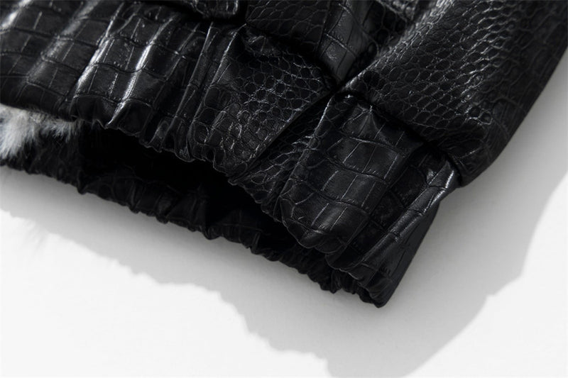 Chaqueta bomber de hombre con cuello de pelo – Cuero PU negro grabado efecto cocodrilo