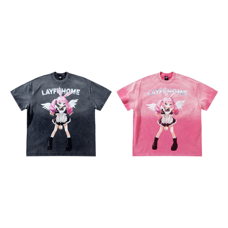 Camiseta gráfica rosa para hombre – Camiseta extragrande lavada al ácido con ángel maid de anime