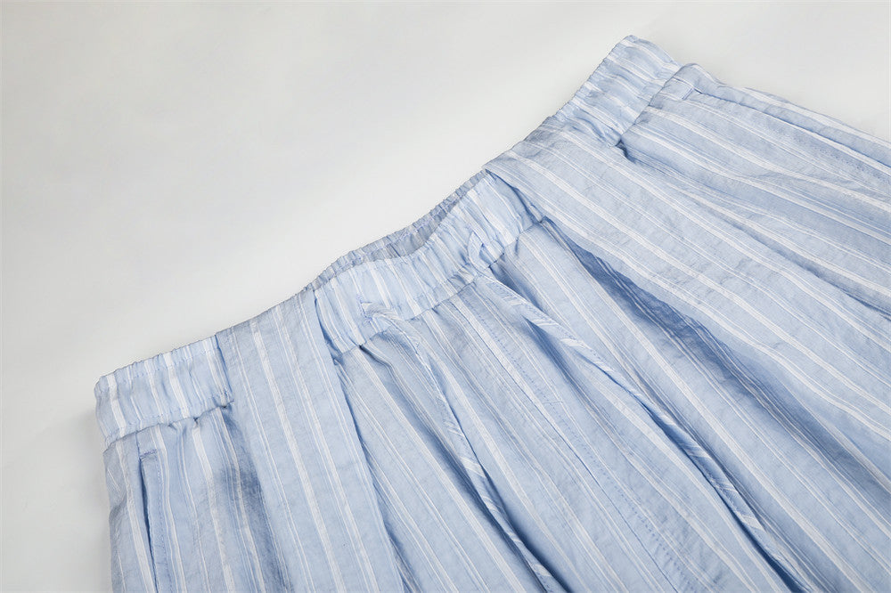Striped Wide-Leg Pants with Elastic Drawstring Waist and Pleated Detail