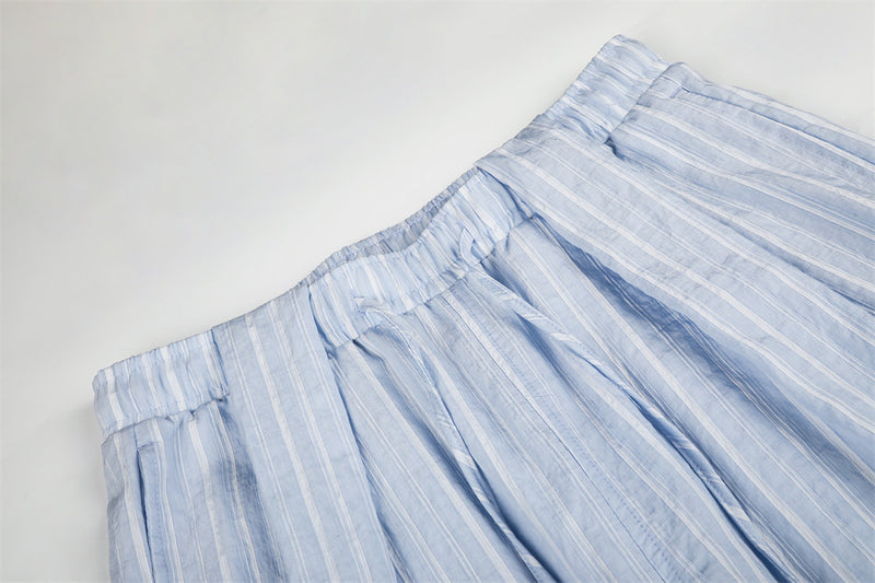 Striped Wide-Leg Pants with Elastic Drawstring Waist and Pleated Detail