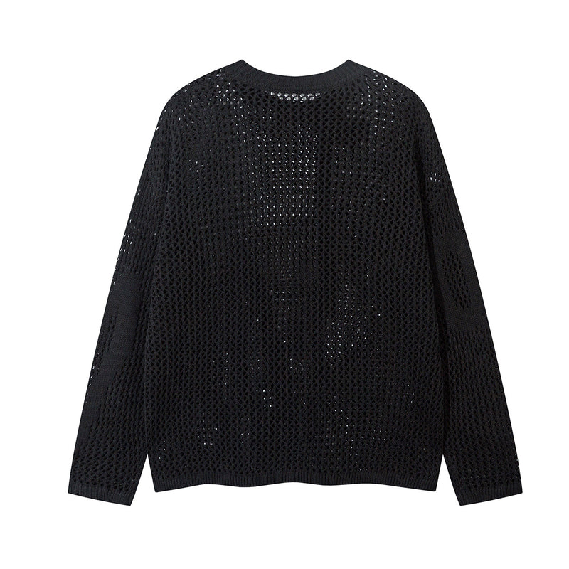 Beige Crew Neck Sweater Open-Knit Mesh Oversized Pullover