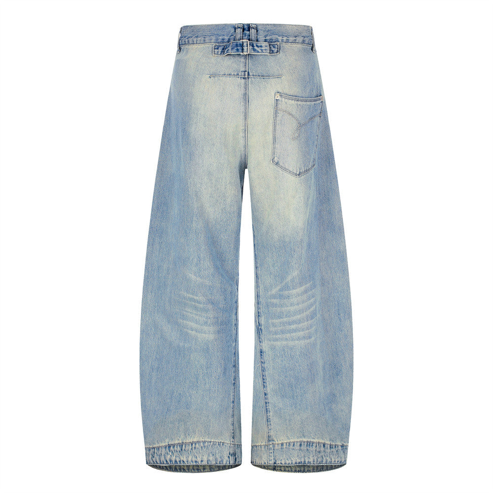Barrel Leg Jeans Vintage Washed Wide-Leg Denim Pants with Pocket Detail