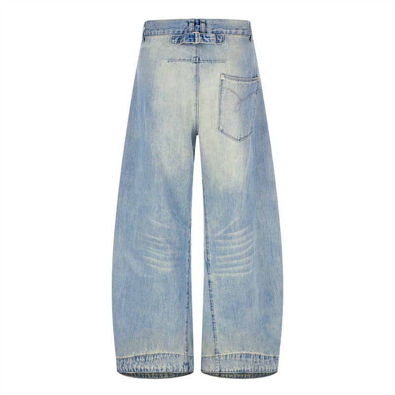 Barrel Leg Jeans Vintage Washed Wide-Leg Denim Pants with Pocket Detail