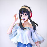 The Shoko Komi Beach Cosplay Figure by Spy × Family features the anime character from "Komi Can’t Communicate," showcasing long black hair, vibrant red eyes, and an expressive open mouth. Dressed in a white off-shoulder blouse and blue jeans, this 30CM PVC figure is ideal for collectors.