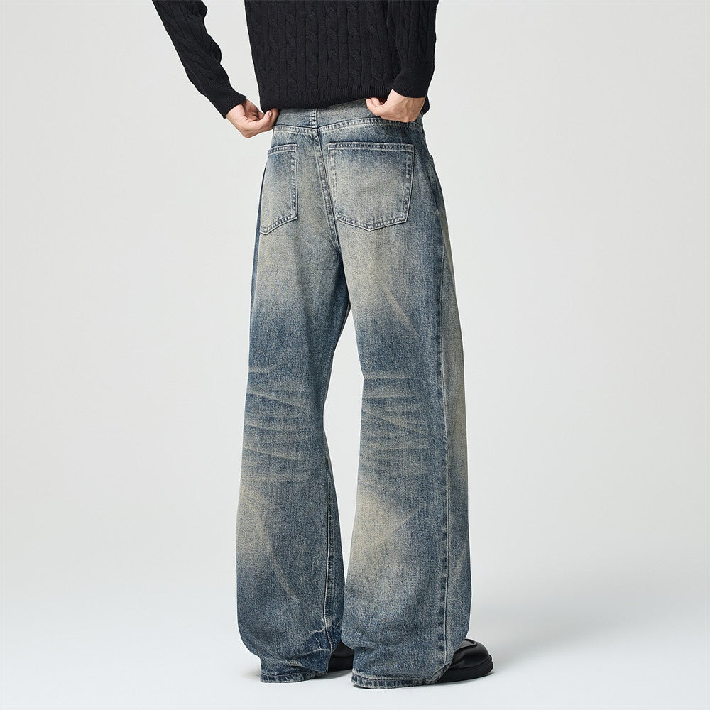 Men's Wide-Leg Baggy Jeans – Vintage Washed Straight Fit Denim