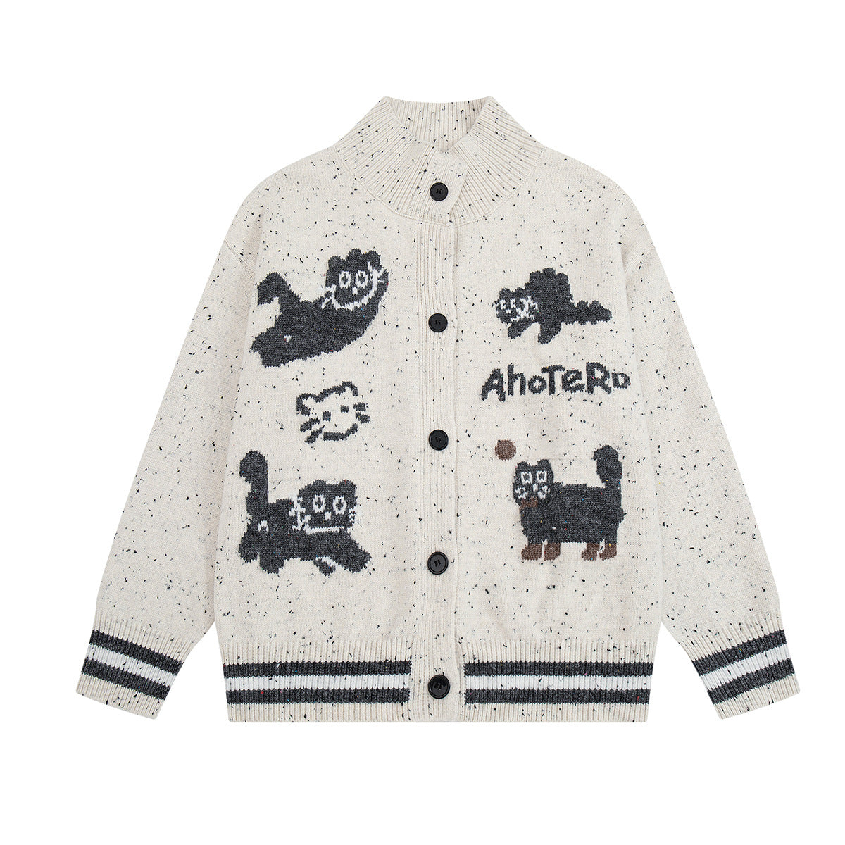 Cartoon cat jacquard knit cardigan sweater in cream with varsity-stripe ribbed hem and button-up front