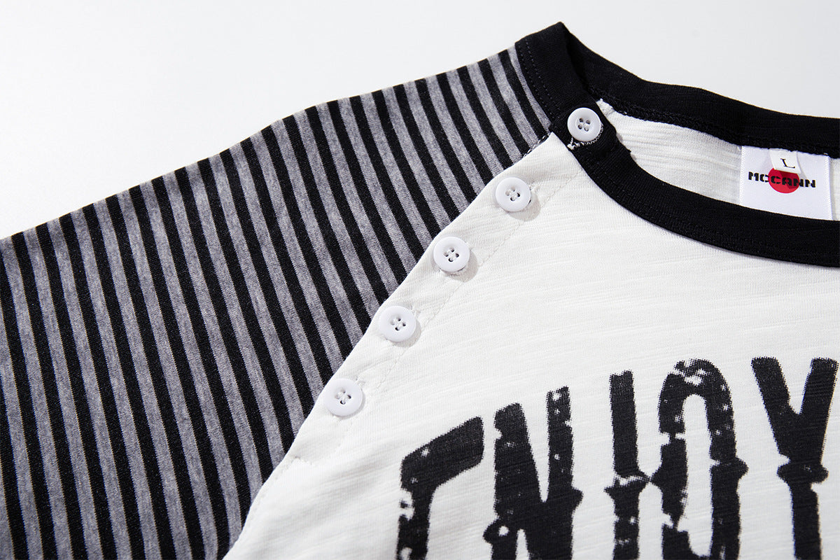 Long Sleeve Raglan Shirt – Rock 'N Roll Graphic, Black & White Striped Sleeves