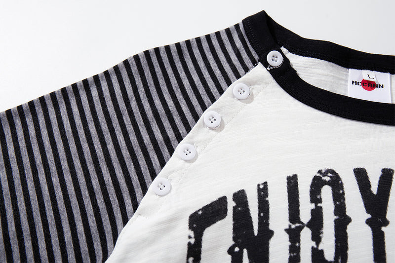 Long Sleeve Raglan Shirt – Rock 'N Roll Graphic, Black & White Striped Sleeves