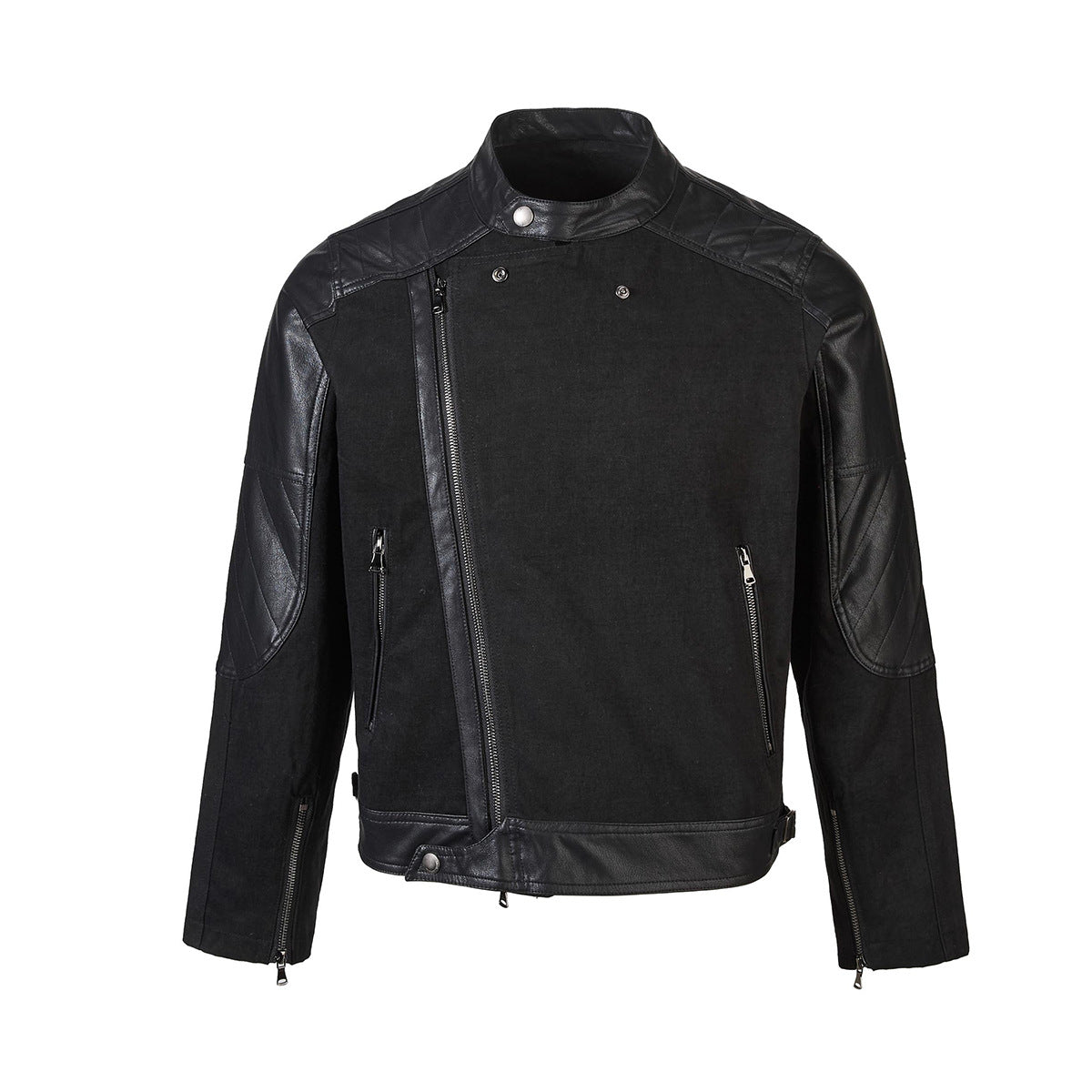 Black boxy moto jacket with PU leather collar, shoulder yoke panels, and asymmetric zip closure, front view