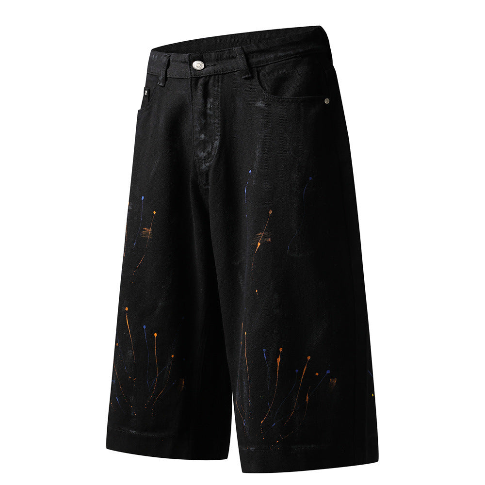 Paint Splatter Denim Shorts – Wide Leg Hip-Hop Street Style