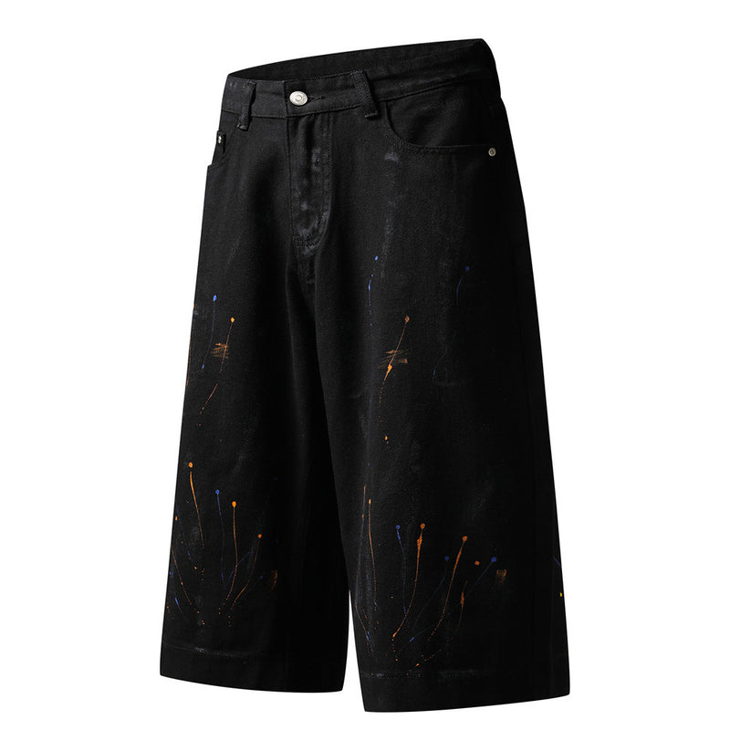 Paint Splatter Denim Shorts – Wide Leg Hip-Hop Street Style