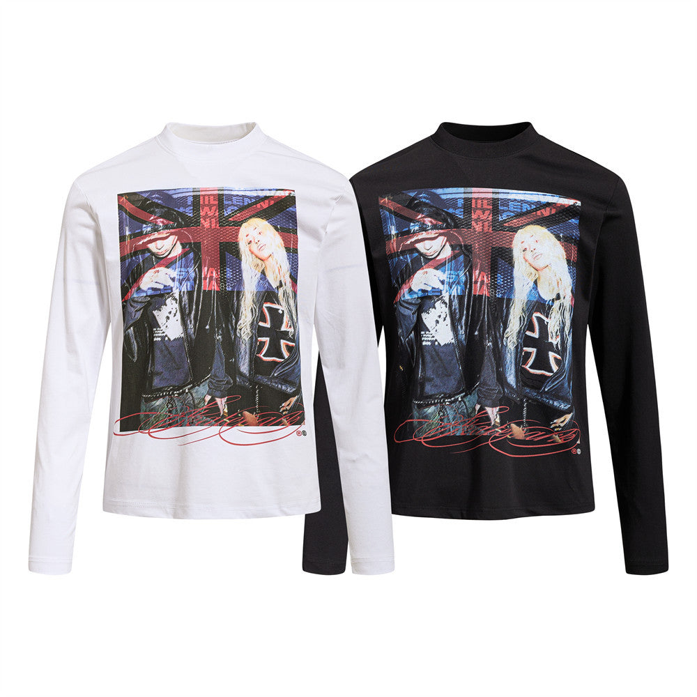Hip-Hop Rock Graphic Long Sleeve T-Shirt – Relaxed Fit Crew Neck