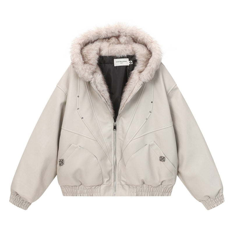 Faux Leather Hooded Bomber Jacket with Faux Fur Collar & Padded Lining
