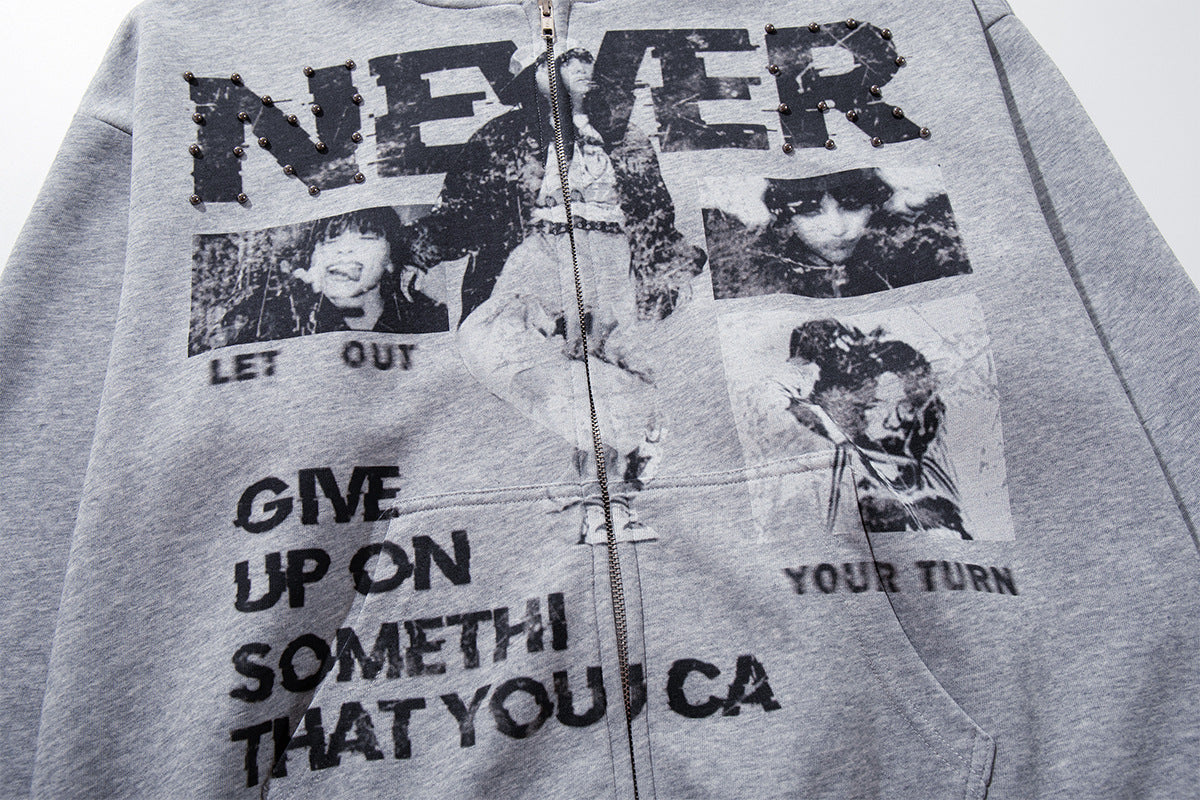 Never Give Up Graphic Zip-Up Hoodie – Vintage Punk Streetwear