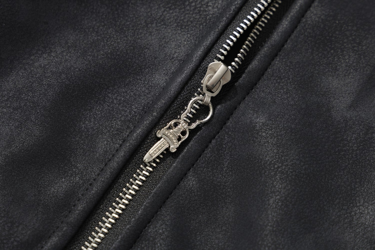 Black Faux Leather Hooded Bomber Jacket with Faux Fur Trim & Buckle Strap