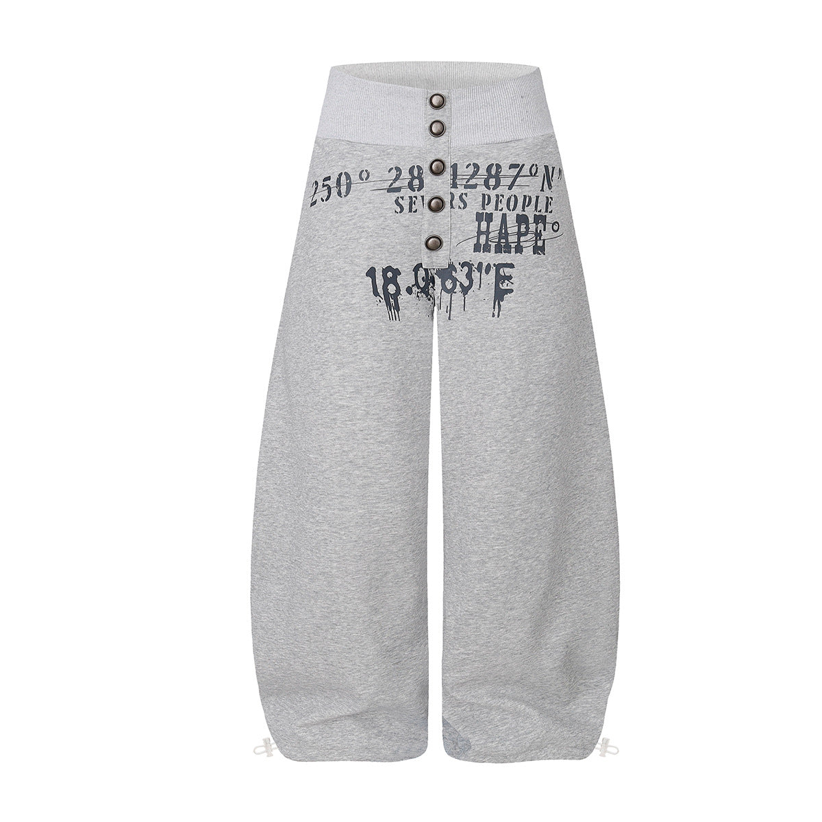 Wide-leg sweatpants with high ribbed waistband, rivet snap buttons, and bold graphic print in heather grey