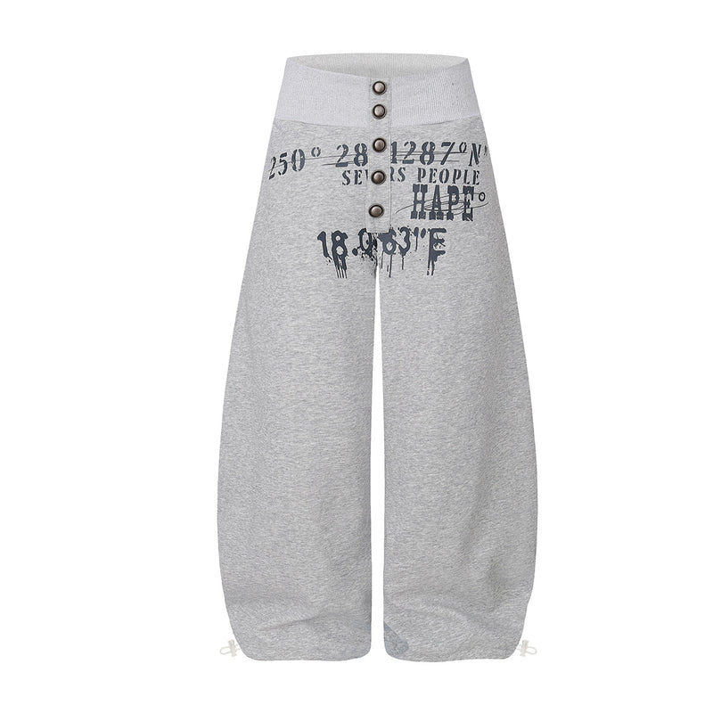 Wide-leg sweatpants with high ribbed waistband, rivet snap buttons, and bold graphic print in heather grey