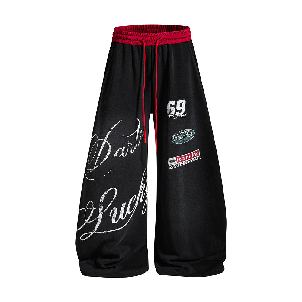 Wide-Leg Racing Graphic Sweatpants – Contrast Waistband, Letter Print