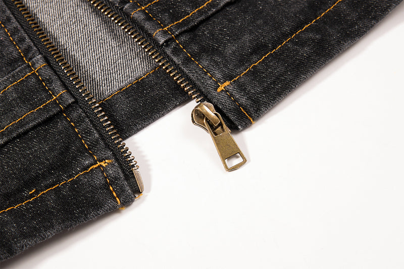 Military-Style Washed Denim Jacket – Stand Collar, Double-Breasted Button Detail