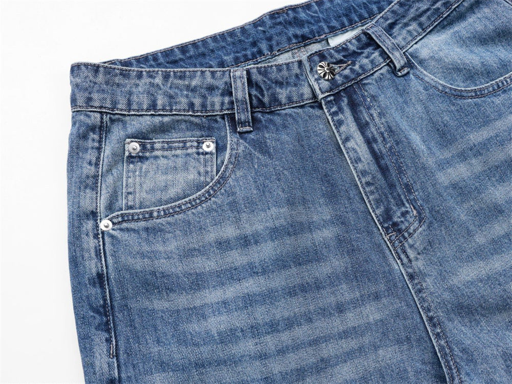 Wide-Leg Baggy Jeans – Washed Blue Curved Seam Design with Contrast Pocket