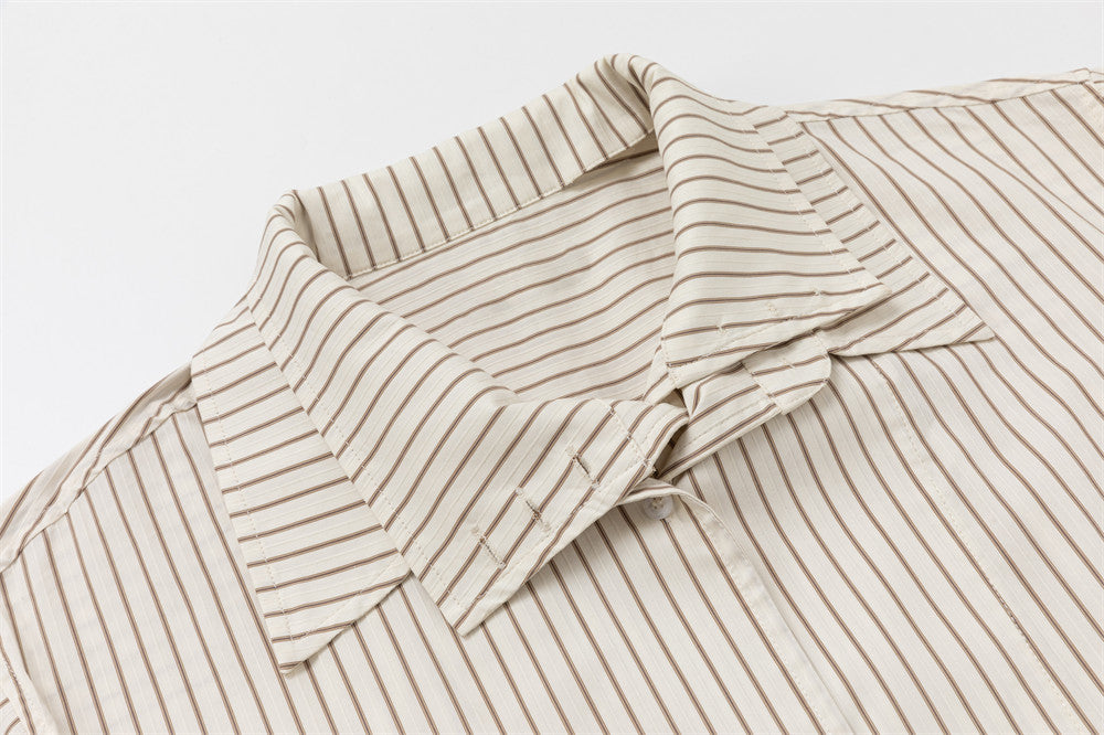 Men's Brown Striped Long Sleeve Shirt – Oversized Double-Layer Collar