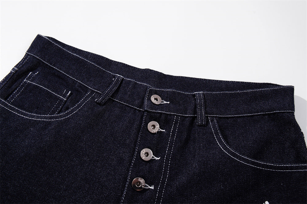 Wide-Leg Jeans with Gothic Cross & Script Embroidery, Button Fly, Dark Indigo