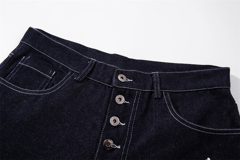 Wide-Leg Jeans with Gothic Cross & Script Embroidery, Button Fly, Dark Indigo