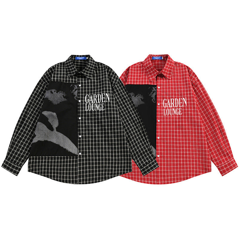 Plaid Patchwork Shadow Print Long Sleeve Shirt – Oversized Punk Street Style