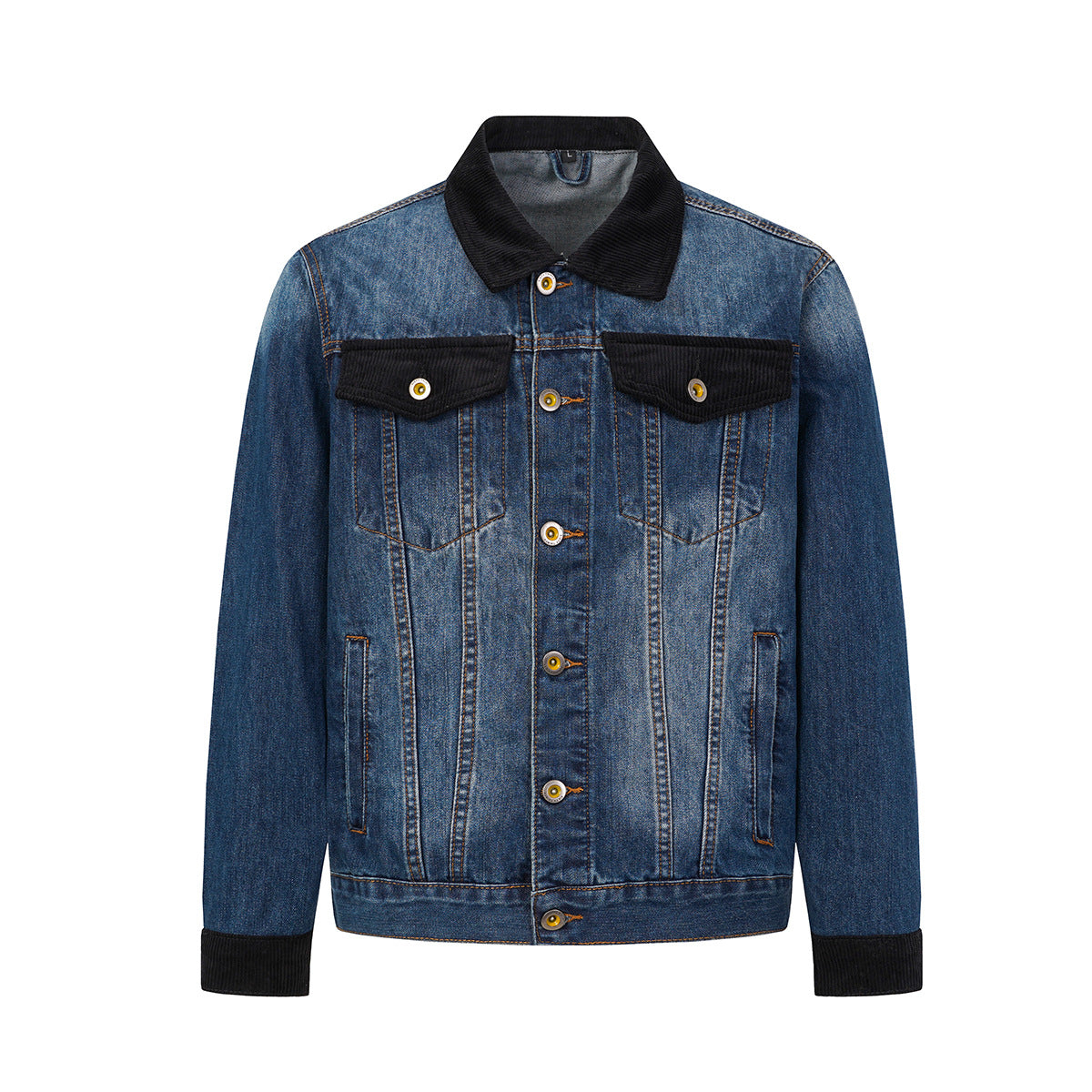 Veste trucker homme en jean bleu délavé, col noir en velours côtelé, rabats de poches poitrine et poignets côtelés, vue de face