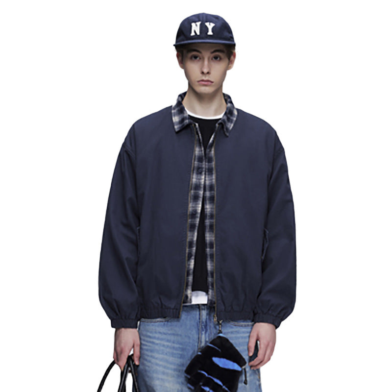 Layered Plaid Collar Bomber Jacket – Relaxed Fit Men's Workwear Zip-Up