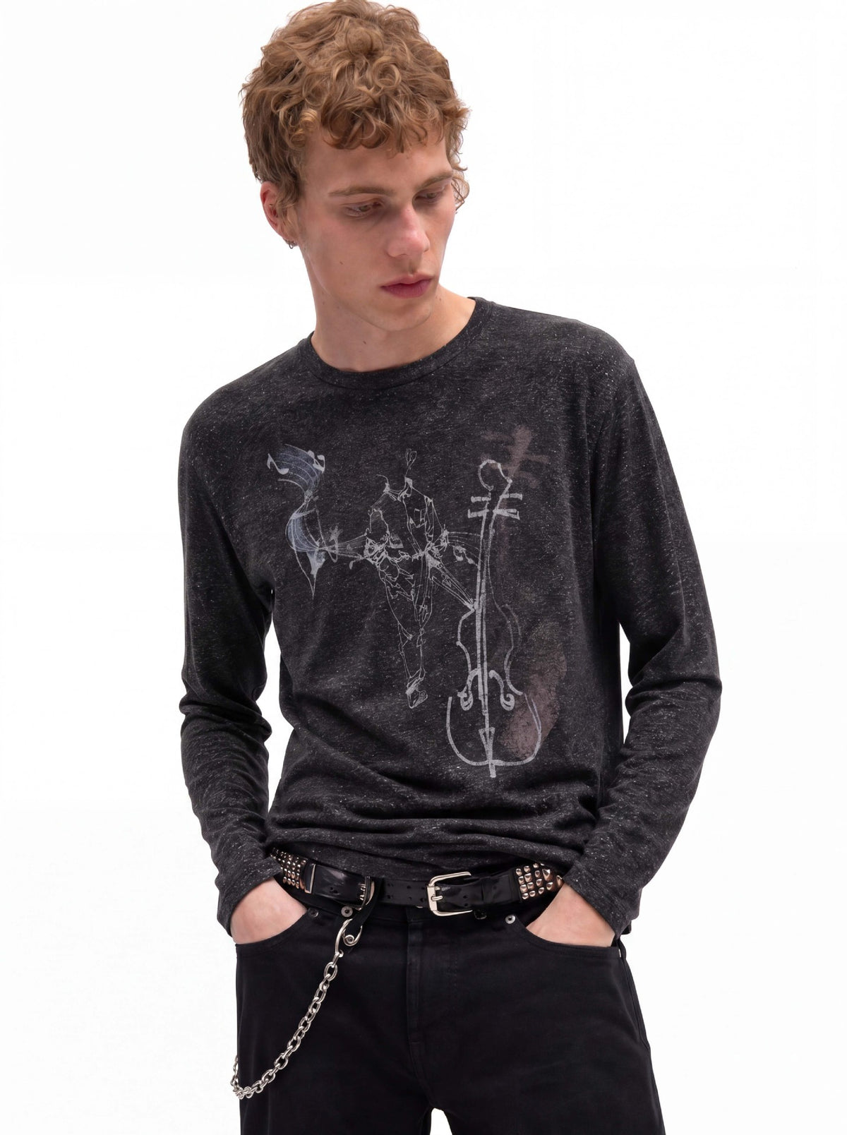 Long Sleeve Graphic Shirt – Cello Musician Sketch Print, Relaxed Fit