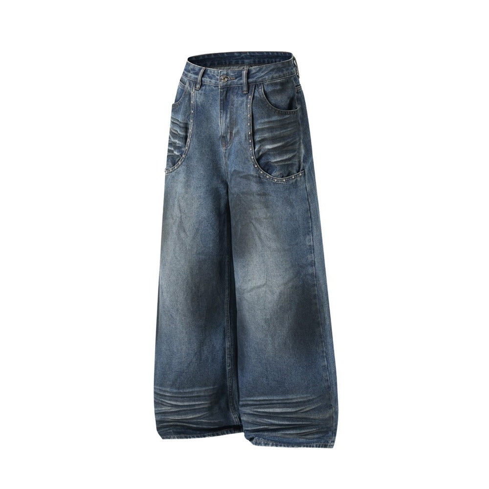 Straight Leg Jeans Mens Wide-Leg Punk Washed Denim with Rivet Pocket Detail