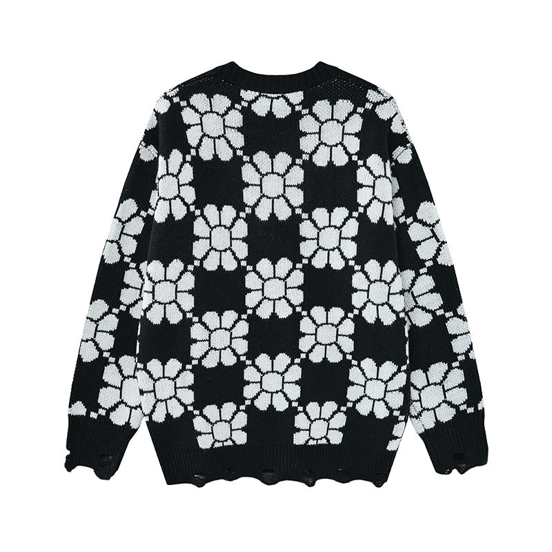 Cardigan-pull en maille à carreaux fleuris et col V – Bas oversize effiloché