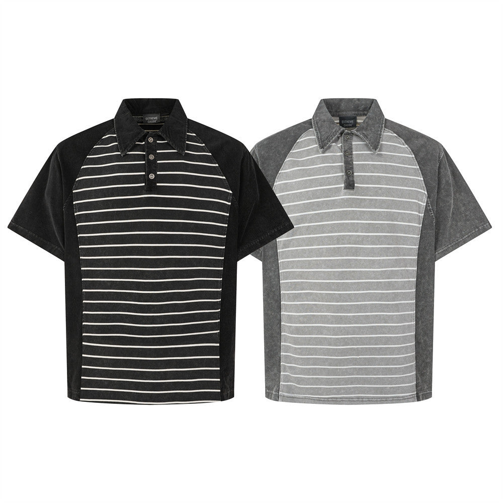 Men's vintage washed striped colorblock polo shirt in black and grey colorblock design with polo collar and button placket