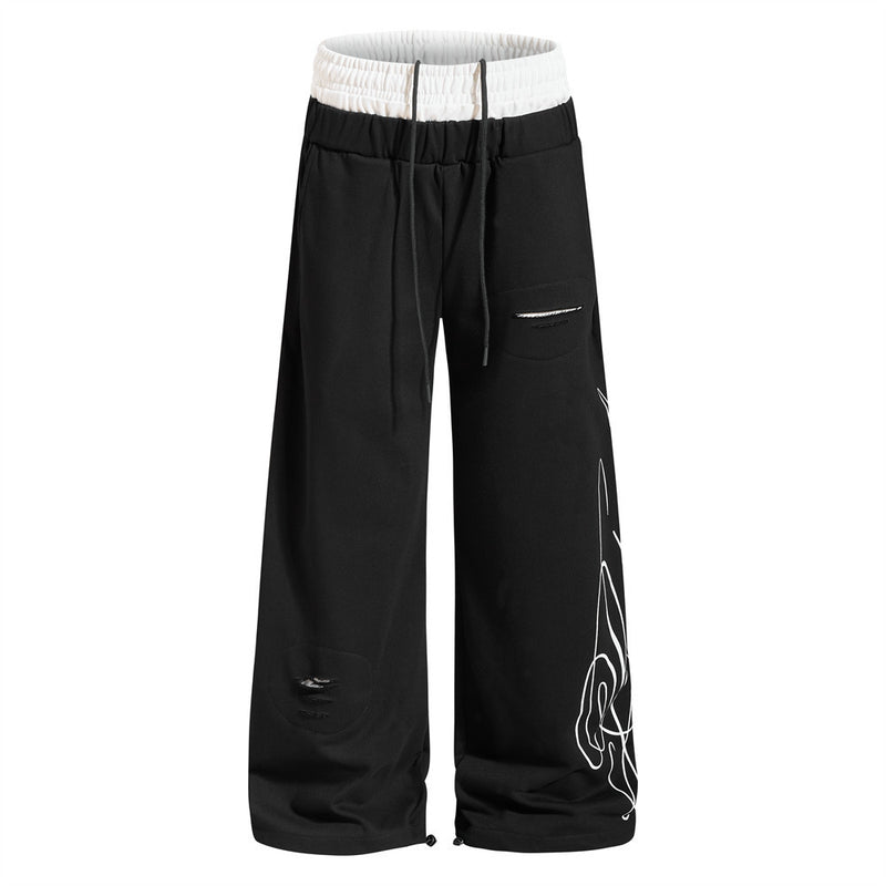 Men's wide-leg sweatpants with contrast double waistband, distressed detail and graphic line-art print on the leg, shown in b