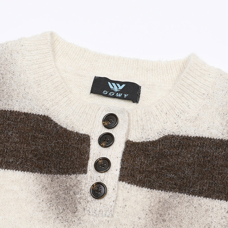 Brown and White Striped Sweater – Henley Neck Knit Pullover