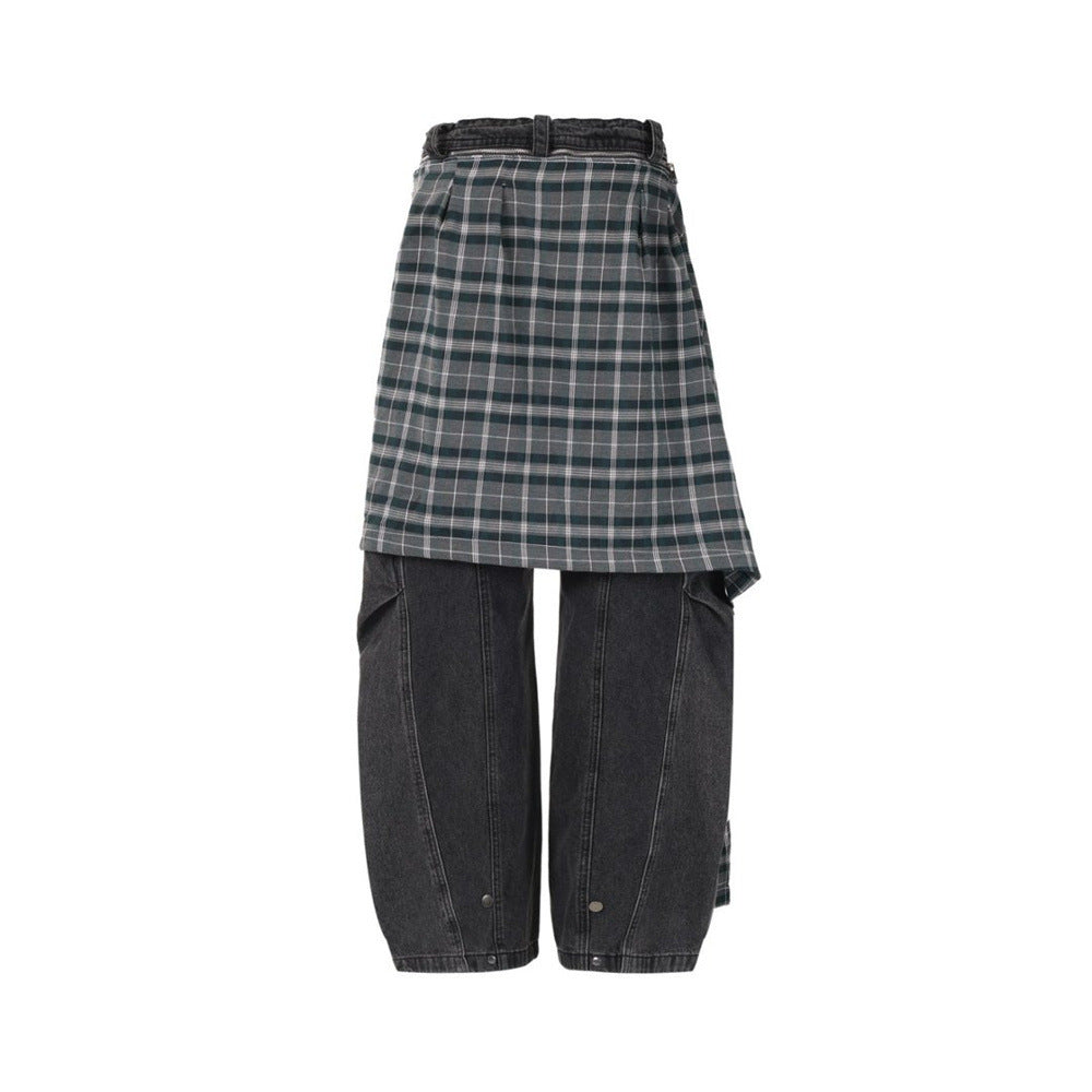 Wide-Leg Jeans with Detachable Plaid Skirt Overlay — Deconstructed Punk