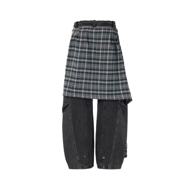 Wide-Leg Jeans with Detachable Plaid Skirt Overlay — Deconstructed Punk