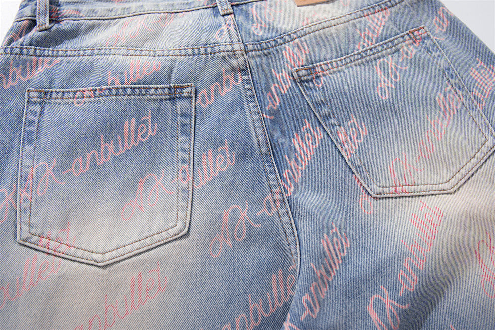 Wide-Leg Jeans with Allover Pink Script Print – Light Blue Washed Denim