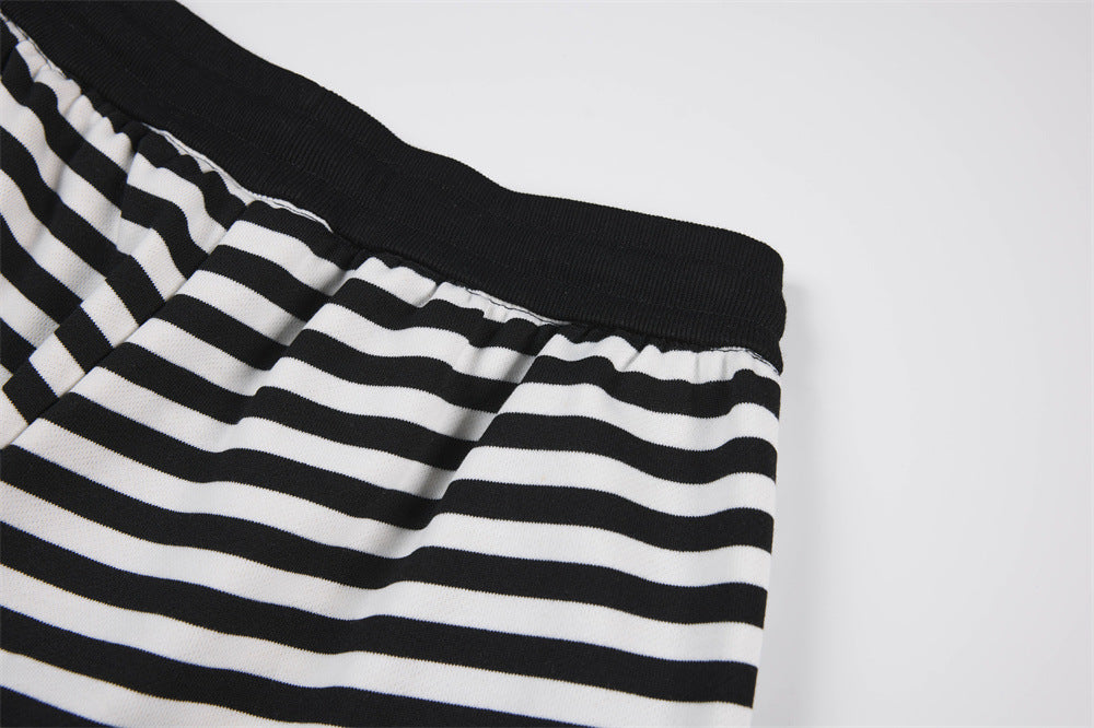 Black & White Striped Wide-Leg Pants with Drawstring Waist