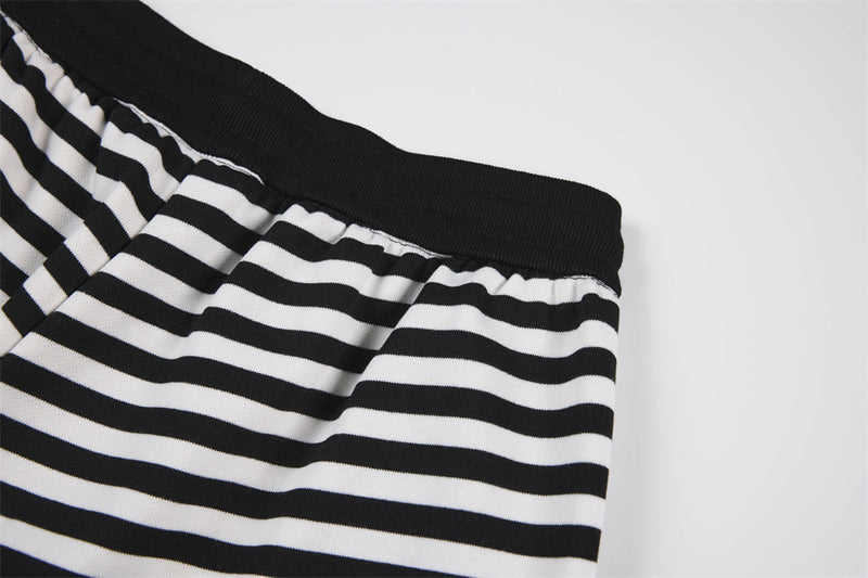 Black & White Striped Wide-Leg Pants with Drawstring Waist