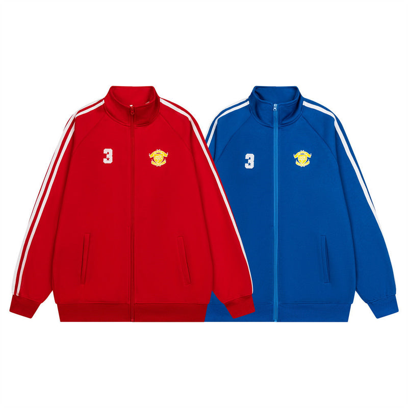 Men's Zip-Up Track Jacket with Stripe Sleeves and Crest Badge