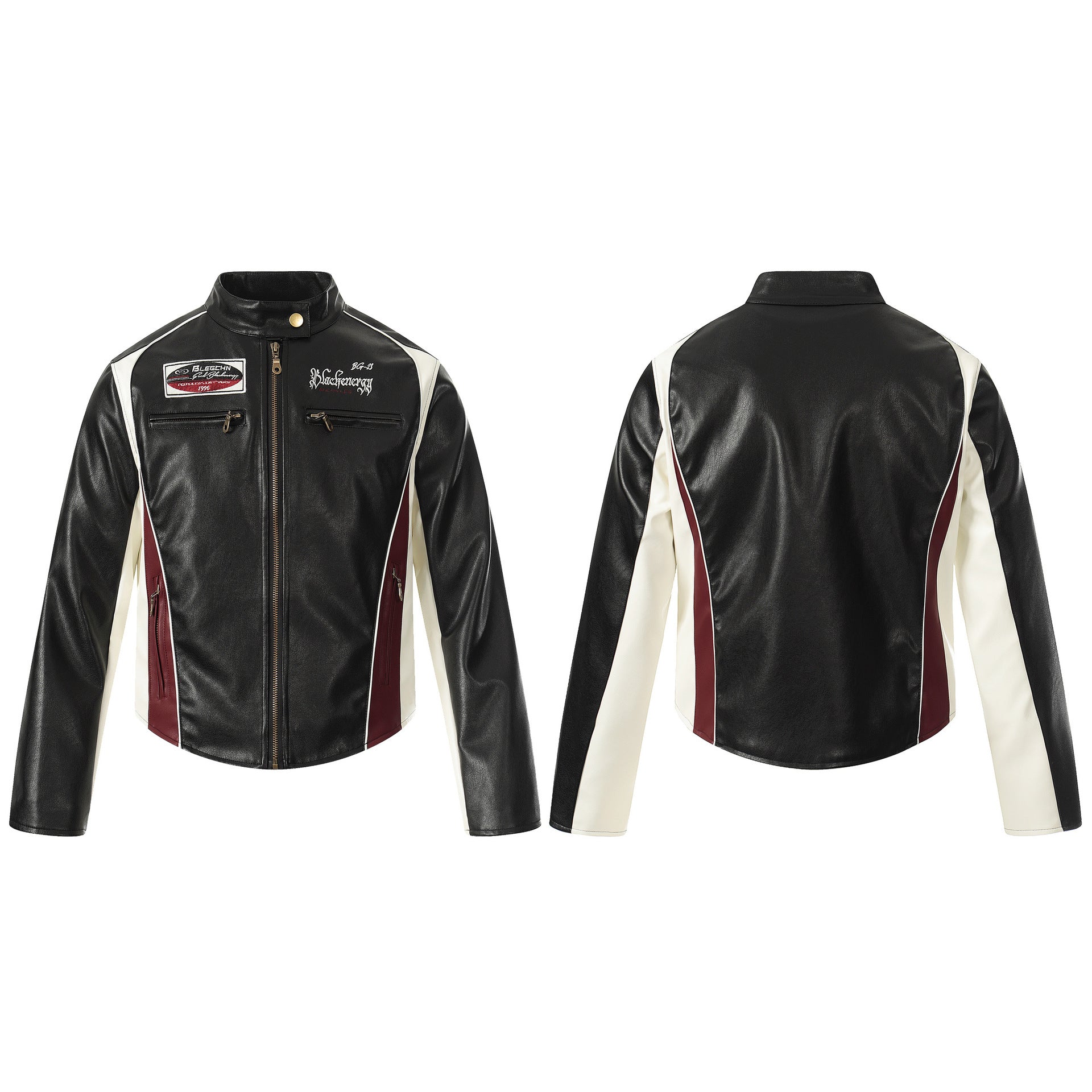 Veste de moto racing noire en similicuir PU, avec empiècements color block écru et bordeaux, lettrage brodé et détails métallisés couleur laiton