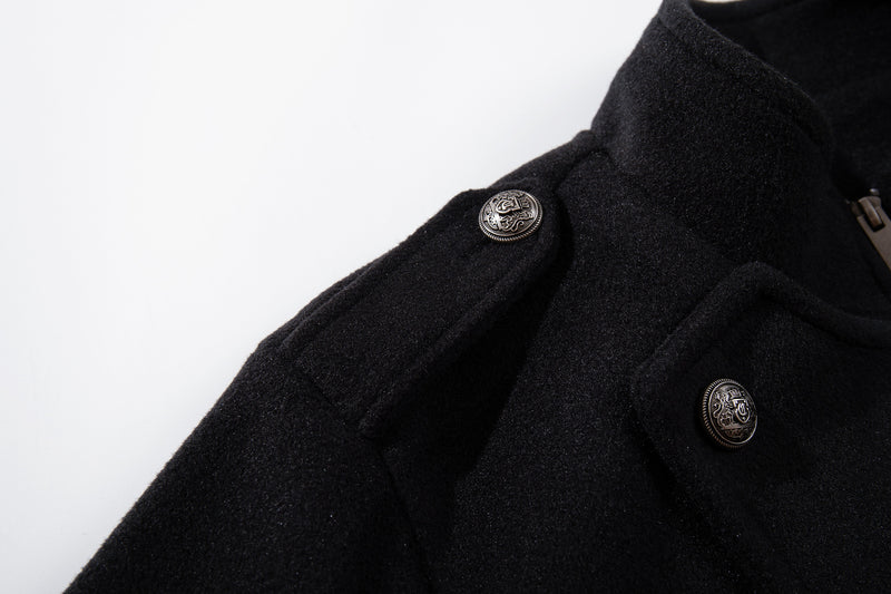 Veste militaire en laine pour homme – Noire, croisée, col montant et coupe courte