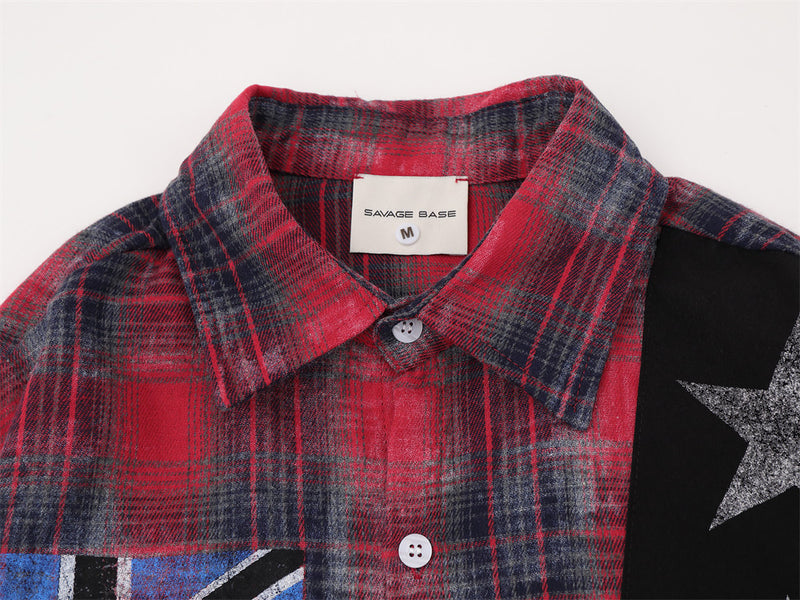 Plaid Flannel Shirt with Union Jack & Star Patch Panel — Oversized Vintage Fit
