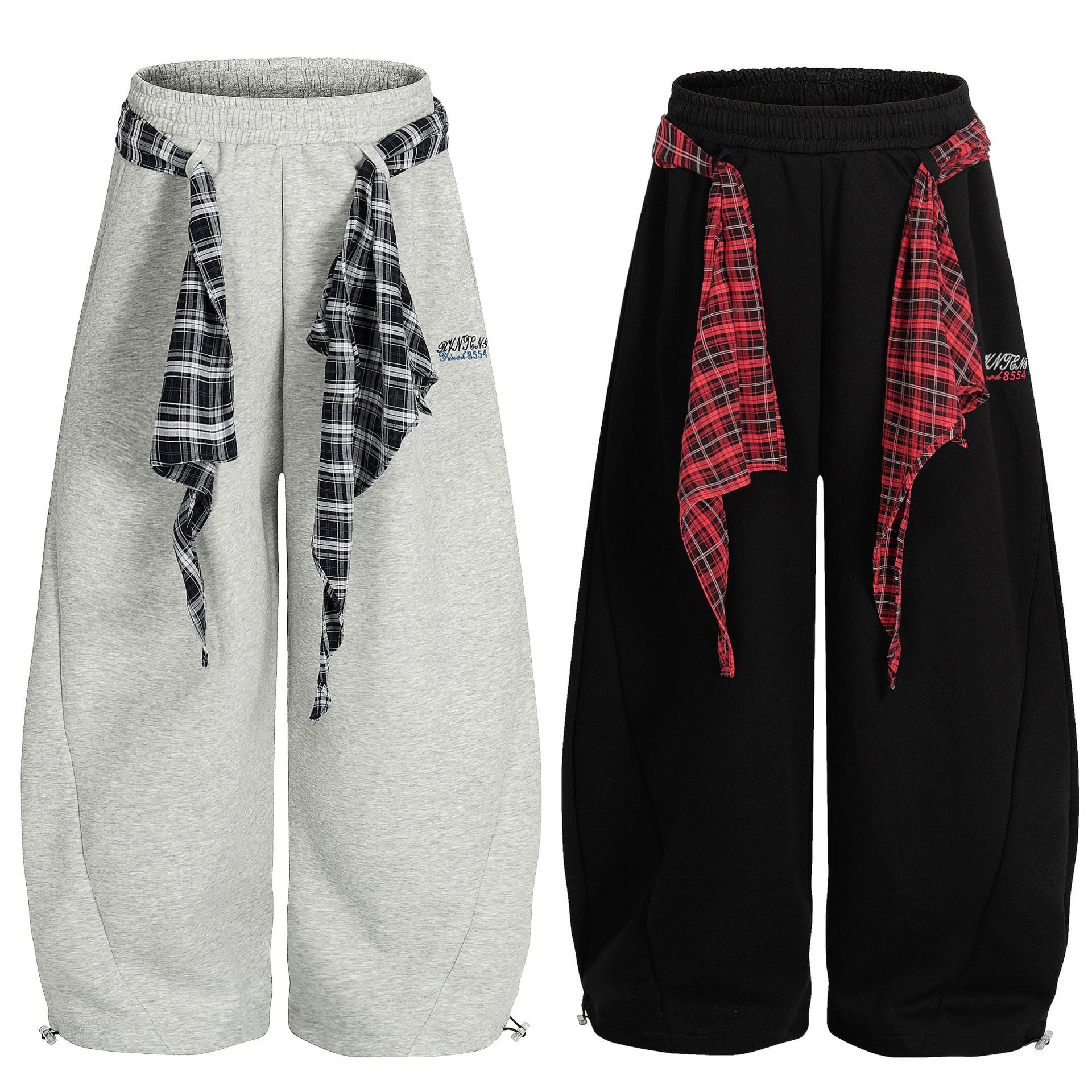 Oversized-Sweatpants mit weitem Bein und kariertem Flanell-Bindegürtel am Bund, in meliertem Grau und Schwarz