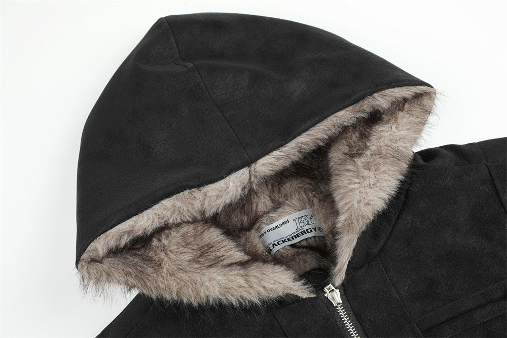Men's Faux Fur-Lined Hooded Bomber Jacket – Double-Breasted PU Suede Winter Coat