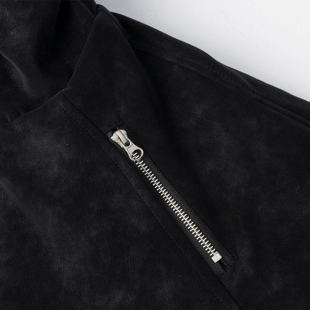 Men's Suede Bomber Jacket with Mongolian Fur Collar, Black Distressed PU Leather
