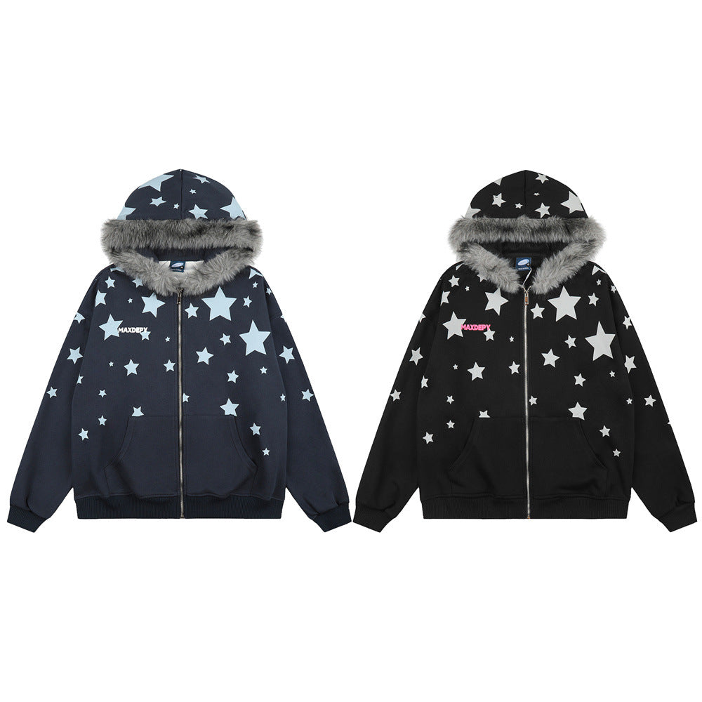Hoodie mit Sternenprint, Reißverschluss und Kunstfellkapuze – Oversize-Streetwear-Cardigan